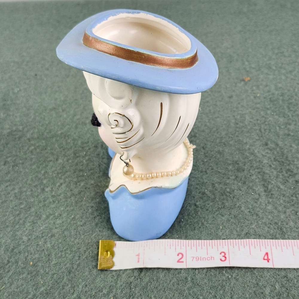 Vintage Japan Tilso Lady Head Vase Faux Necklace Earrings Blue Dress & Hat - Picture 9 of 9